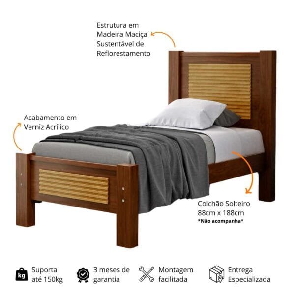 Cama Solteiro Alexandria de Madeira Maciça 88cm - Imagem 3