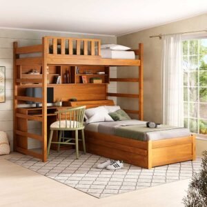 Beliche Loft Ester com Escrivaninha e Baú de Madeira Maciça | Madeira de Eucalipto
